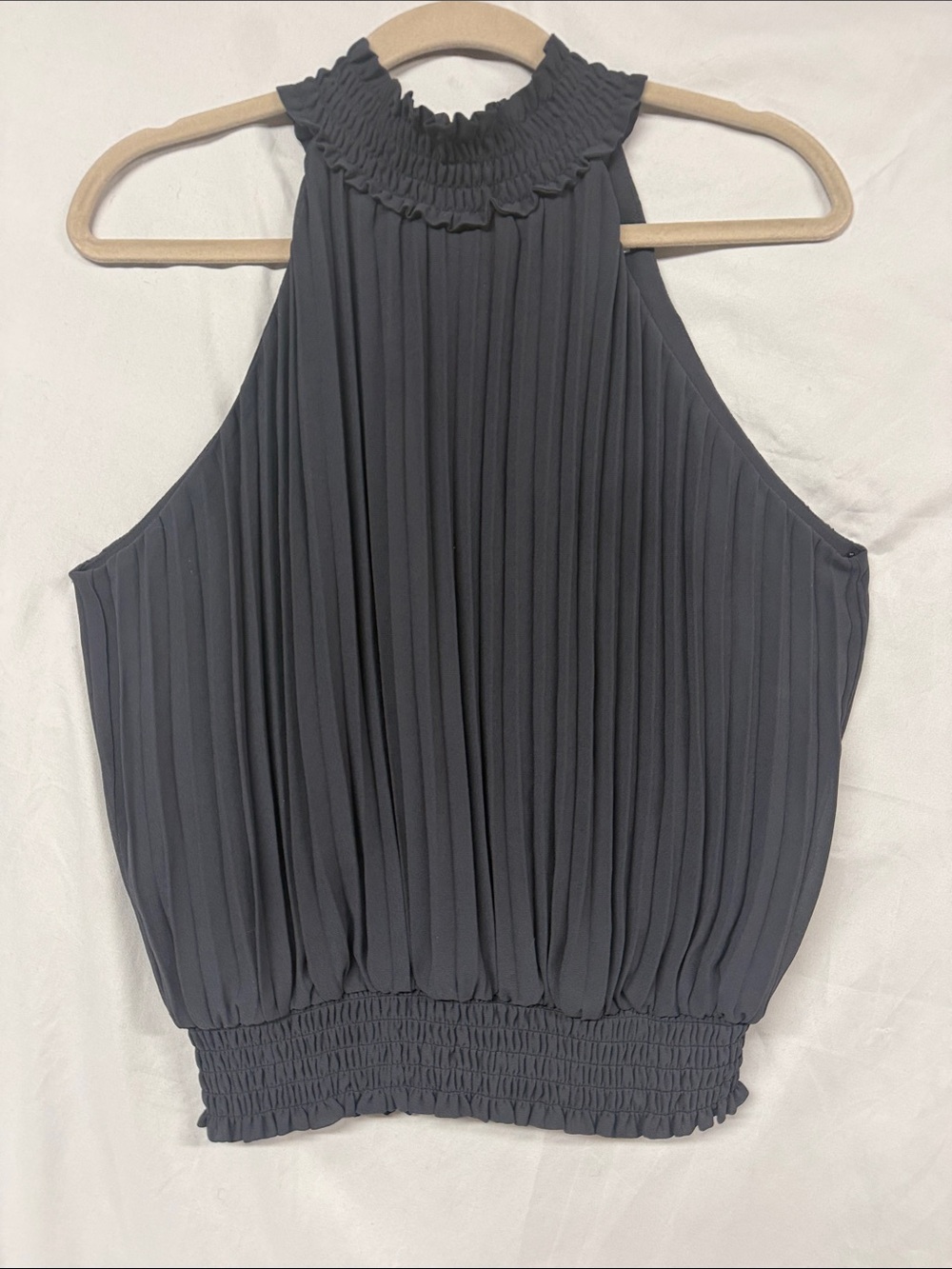 Naked Zebra Charcoal Blue Pleated High-Neck Sleeveless Top lined